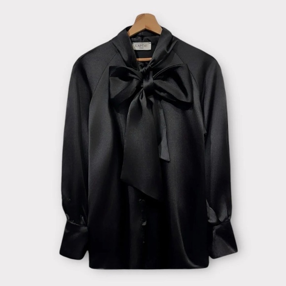 ShopEvelynne Tops - ShopEvelynne Black Satin Bow Tie Blouse